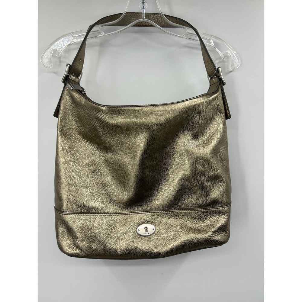 NWOT Fossile Metallic Bronze Pebbled Leather Hobo Shoulder Bag Silver Hardware